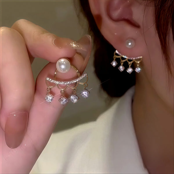 14K Gold-Plated Zircon Diamond Pearl Jacket Earrings