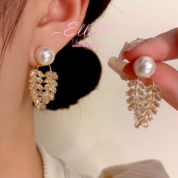 14K Gold-Plated Zircon Diamond Pearl Leaf Earrings
