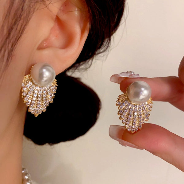 14K Gold-Plated Zircon Diamond Pearl Tassel Earrings