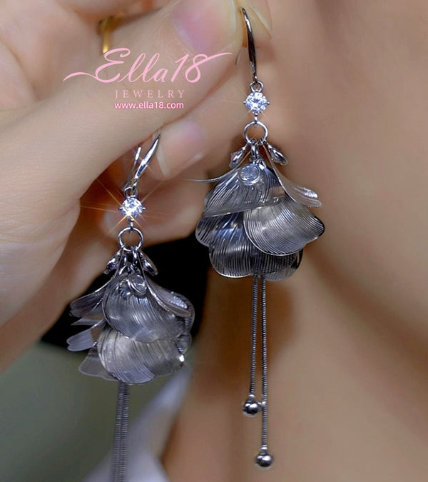 14K Gold-Plated Zircon Diamond Petal Flower Tassel Earrings