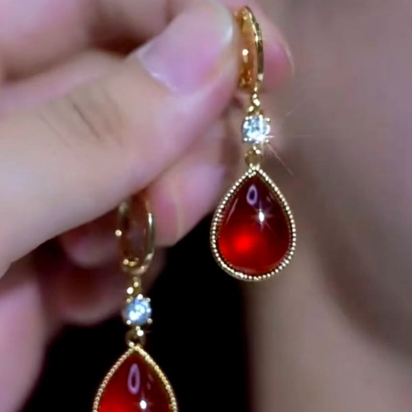 14K Gold-Plated Zircon Diamond Red Cat's Eye Stone Water Drop Earrings