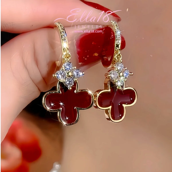 14K Gold-Plated Zircon Diamond Red Four-Leaf Flower Earrings