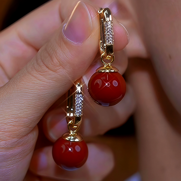 14K Gold-Plated Zircon Diamond Red Pearl Earrings