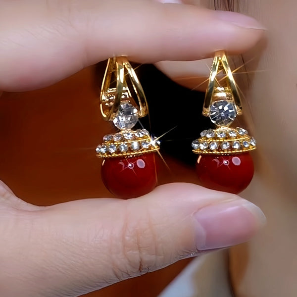 14K Gold-Plated Zircon Diamond Red Pearl Earrings