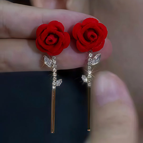 14K Gold-Plated Zircon Diamond Red Rose Earrings