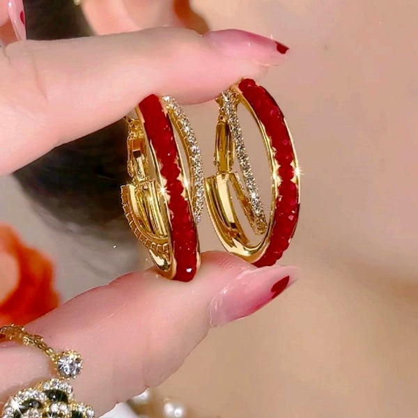 14K Gold-Plated Zircon Diamond Red crystal Hoop Earrings