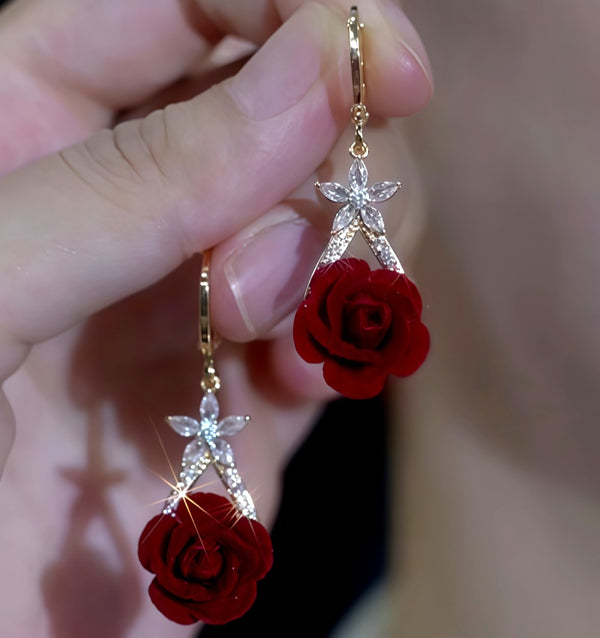 14K Gold-Plated Zircon Diamond Rose Earrings