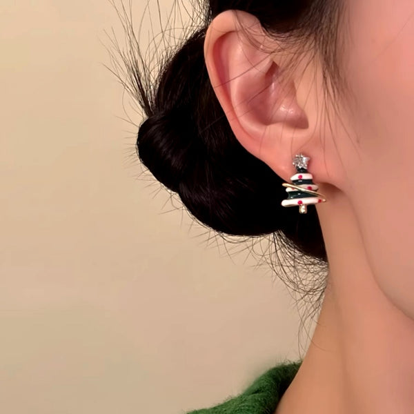 14K Gold-Plated Zircon Diamond Star Little Christmas Tree Earrings