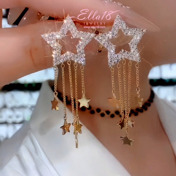 14K Gold-Plated Zircon Diamond Star Tassel Earrings