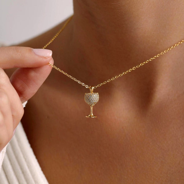 14K Gold-Plated Zircon Diamond Wine Glass Necklace