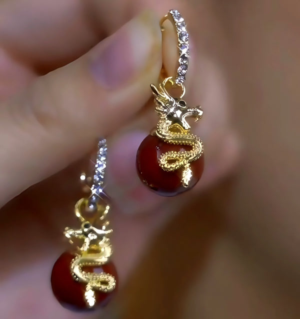 14K Gold-Plated Zircon Dragon Pearl Earrings