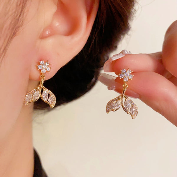 14K Gold-Plated Zircon Fishtail Earrings