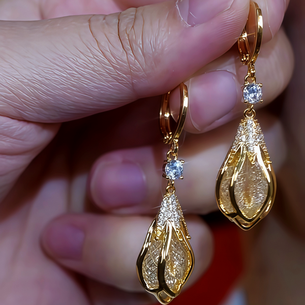 14K Gold-Plated Zircon Flower Bud Gold Wire Mesh Earrings