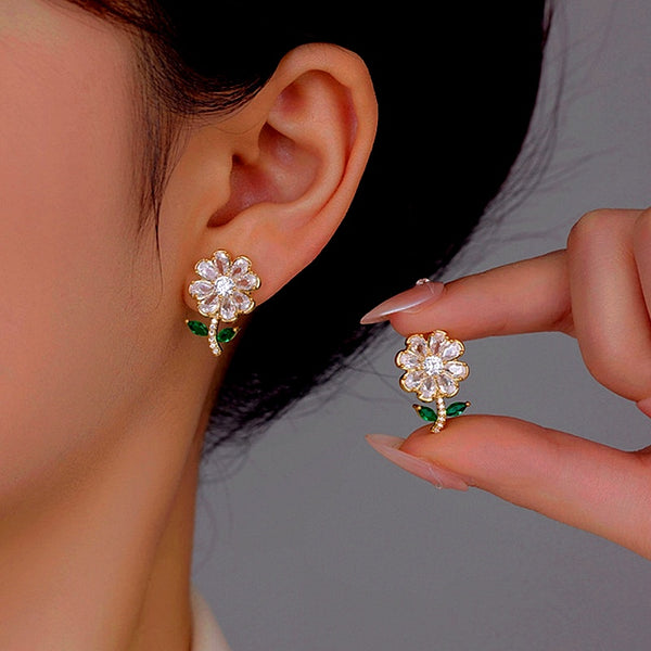 14K Gold-Plated Zircon Flower Earrings