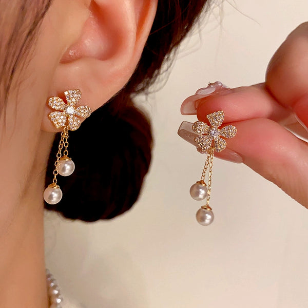 14K Gold-Plated Zircon Flower Pearl Tassel Earrings