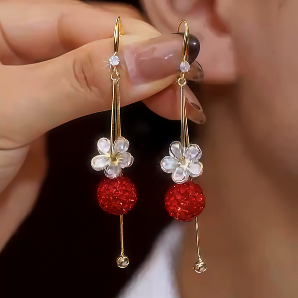 14K Gold-Plated Zircon Flower Red Crystal Ball Ear Hook Earrings