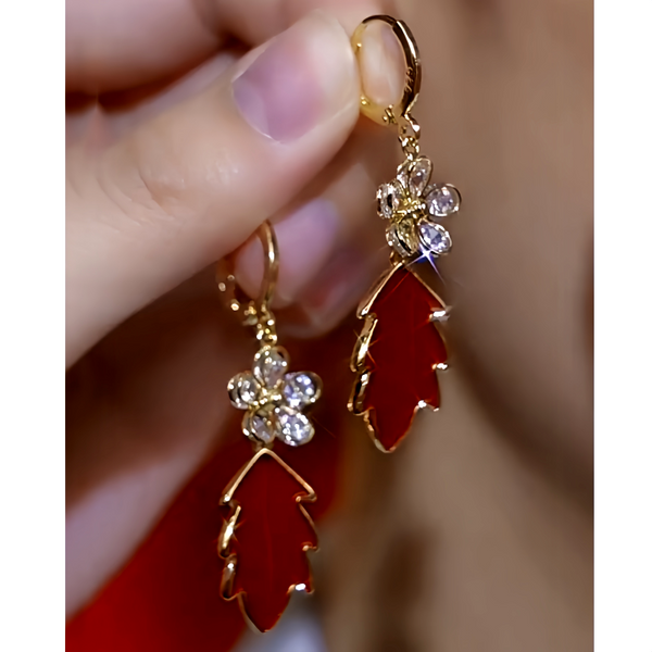 14K Gold-Plated Zircon Flower Red Leaf Earrings