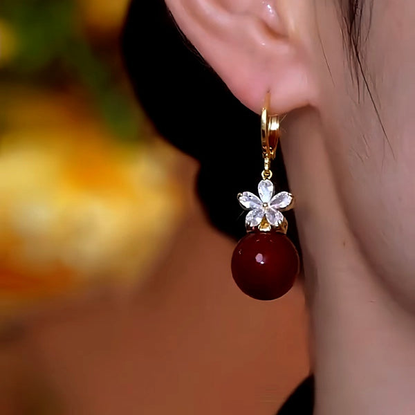 14K Gold-Plated Zircon Flower Red Pearl Earrings