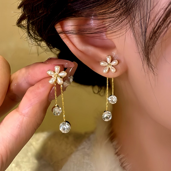 14K Gold-Plated Zircon Flower Tassel Earrings