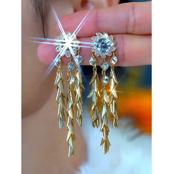 14K Gold-Plated Zircon Flower Wheat Tassel Earrings