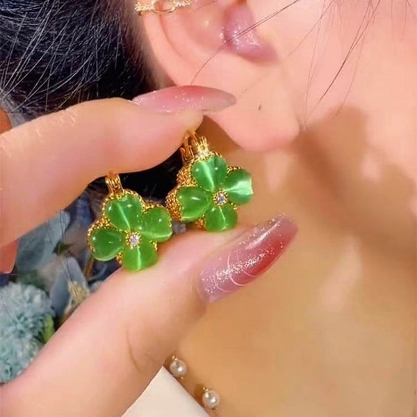 14K Gold-Plated Zircon Four-Leaf Flower Earrings
