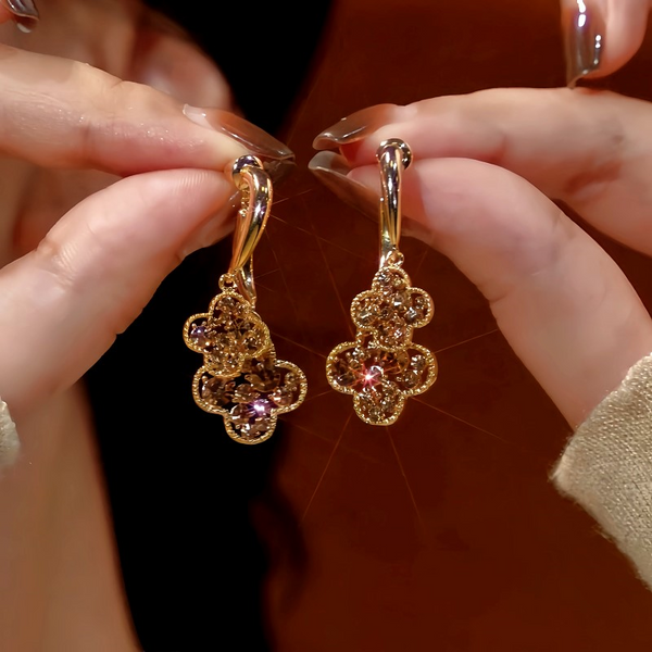 14K Gold-Plated Zircon Four-Leaf Flower Earrings