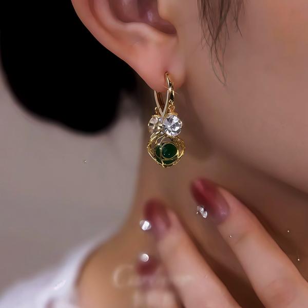 14K Gold-Plated Zircon Green Crystal Ball White Diamond Earrings