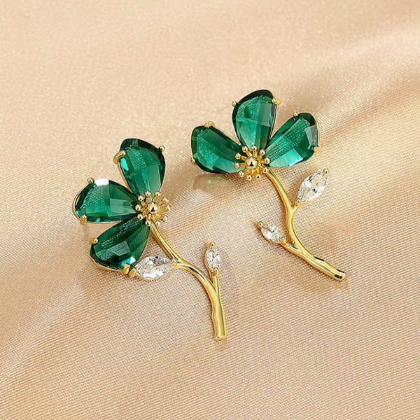 14K Gold-Plated Zircon Green Flower Earrings
