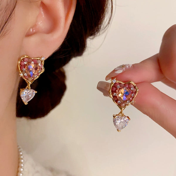 14K Gold-Plated Zircon Heart-Design Earrings