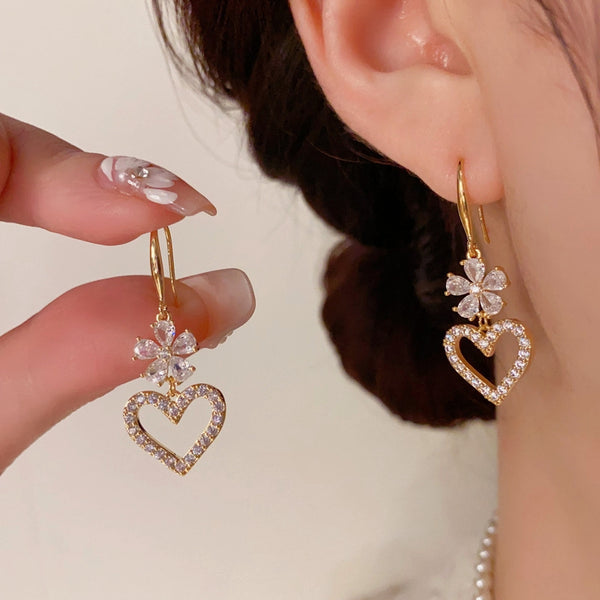 14K Gold-Plated Zircon Heart-Design Flower Ear Hook Earrings