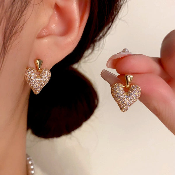 14K Gold-Plated Zircon Heart Earrings