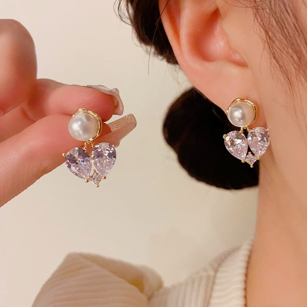14K Gold-Plated Zircon Heart Pearl Earrings
