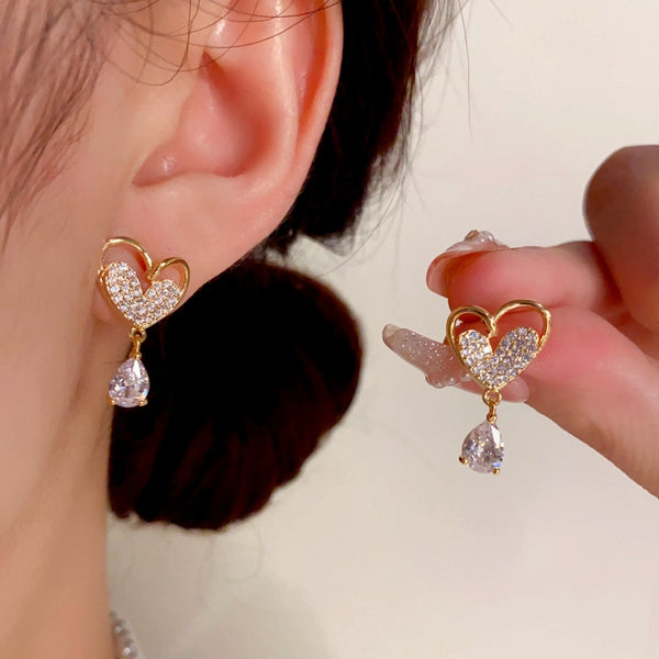 14K Gold-Plated Zircon Heart Tassel Earrings