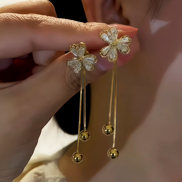 14K Gold-Plated Zircon Inlaid Three-Leaf Flower Hanging Earrings