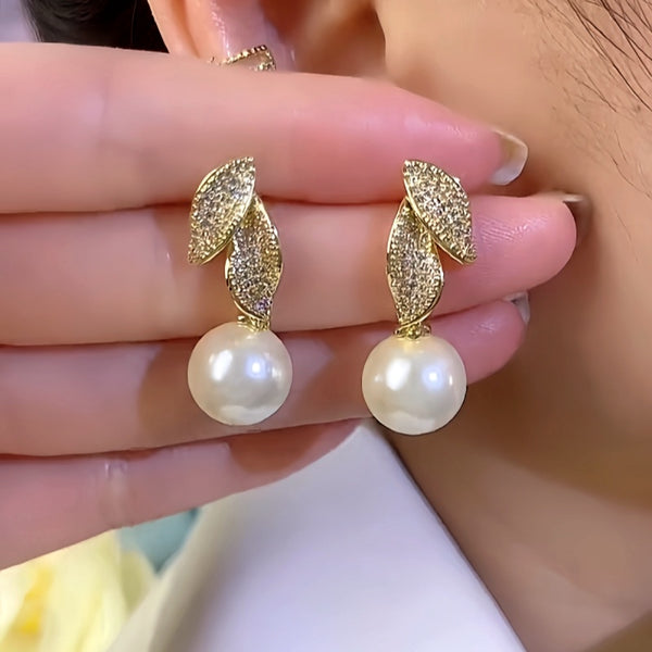 14K Gold-Plated Zircon Leaf Pearl Earrings