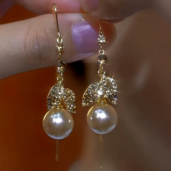 14K Gold-Plated Zircon Leaf Pearl Threader Earrings