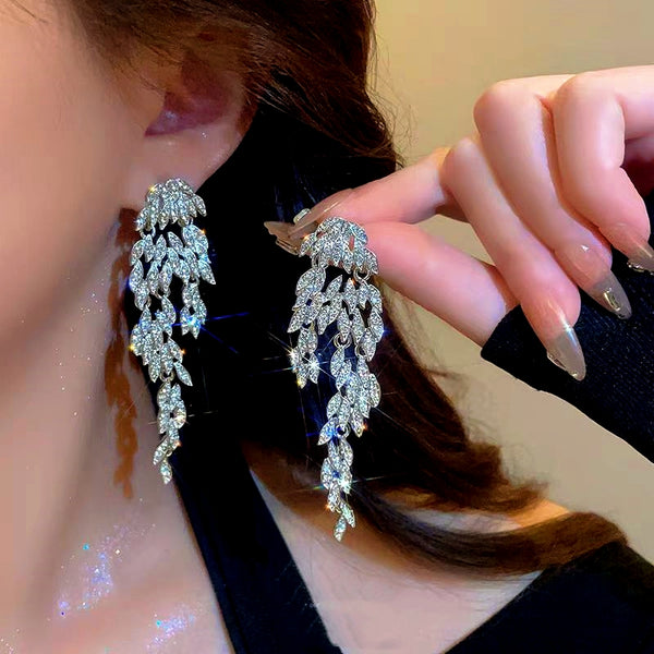 14K Gold-Plated Zircon Leaf Tassel Earrings