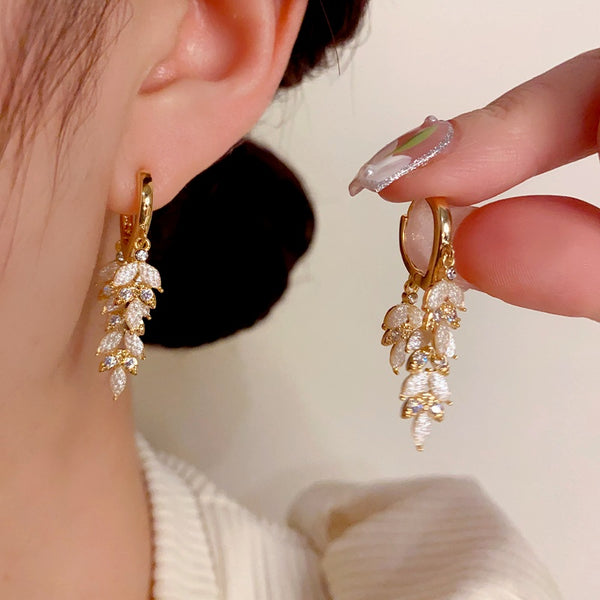 14K Gold-Plated Zircon Leaf Tassel Earrings