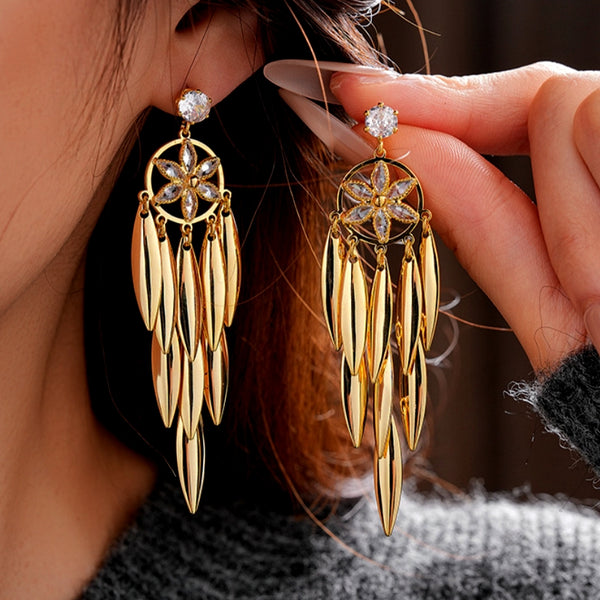 14K Gold-Plated Zircon Leaf Tassel Earrings