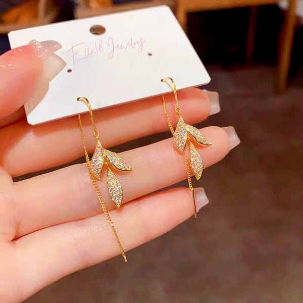 14K Gold-Plated Zircon Leaf Threader Tassel Earrings