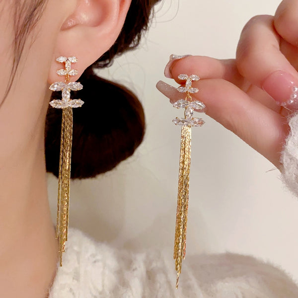 14K Gold-Plated Zircon Long Tassel Earrings