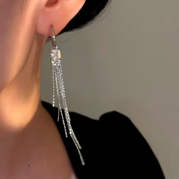 14K Gold-Plated Zircon Long Tassel Earrings