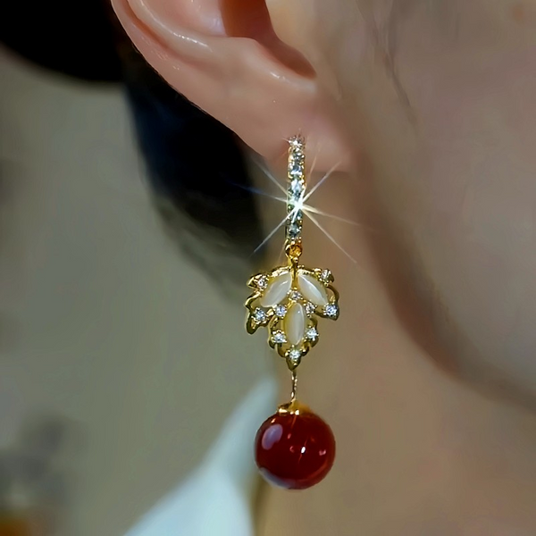 14K Gold-Plated Zircon Maple Leaf Pearl Earrings