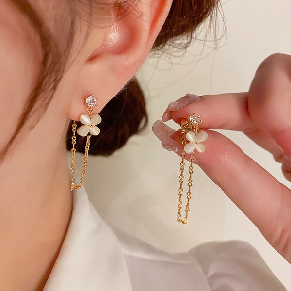 14K Gold-Plated Zircon Opal Four-Leaf Flower Chain Earrings