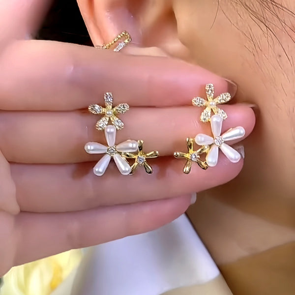 14K Gold-Plated Zircon Pearl Flower Earrings