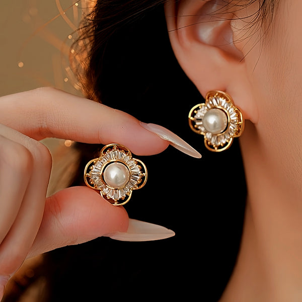 14K Gold-Plated Zircon Pearl Flower Stud Earrings