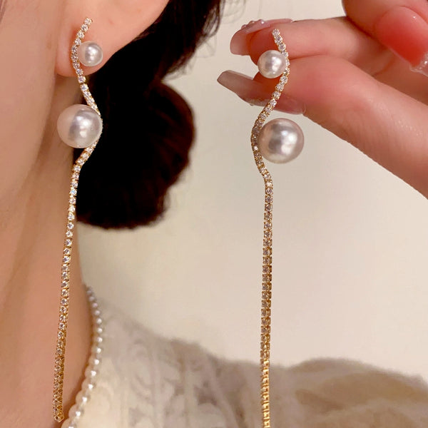 14K Gold-Plated Zircon Pearl Long Tassel Earrings