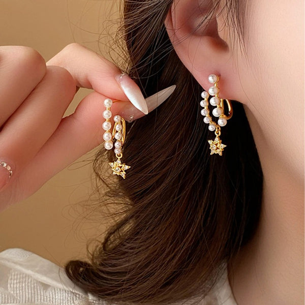 14K Gold-Plated Zircon Pearl Star Earrings