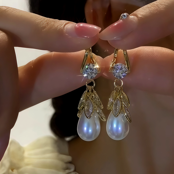 14K Gold-Plated Zircon Pearl Tasel Earrings