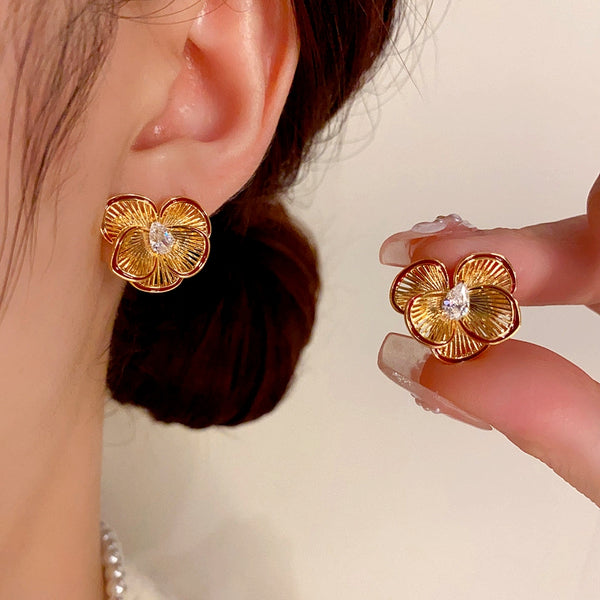 14K Gold-Plated Zircon Petal Earrings